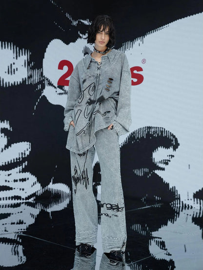 Punk Print Two Sided Reversible Cotton Set V Neck T Shirt Long Sleeve