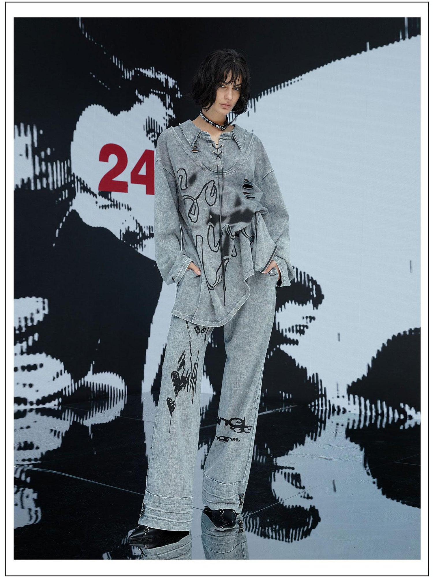 24ans Punk Print Two Sided Reversible Cotton Set  V-Neck T-Shirt Long Sleeve