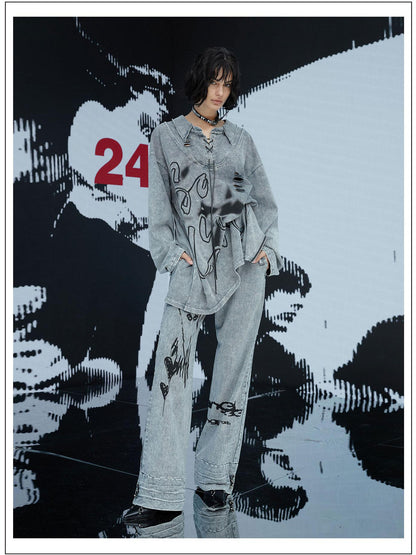 24ans Punk Print Two Sided Reversible Cotton Set  V-Neck T-Shirt Long Sleeve
