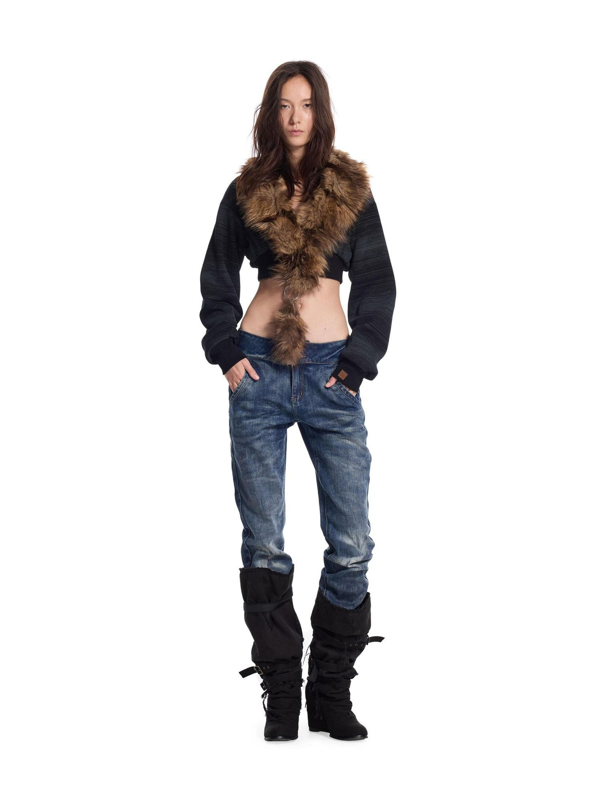 24ans Punk Spliced Detachable Ring Hardware Knit Women&