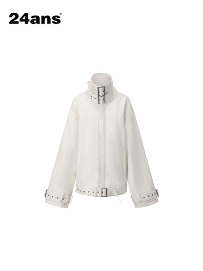 24ans Punk Stand Collar Adjustable Buckle Hidden Zip Women&