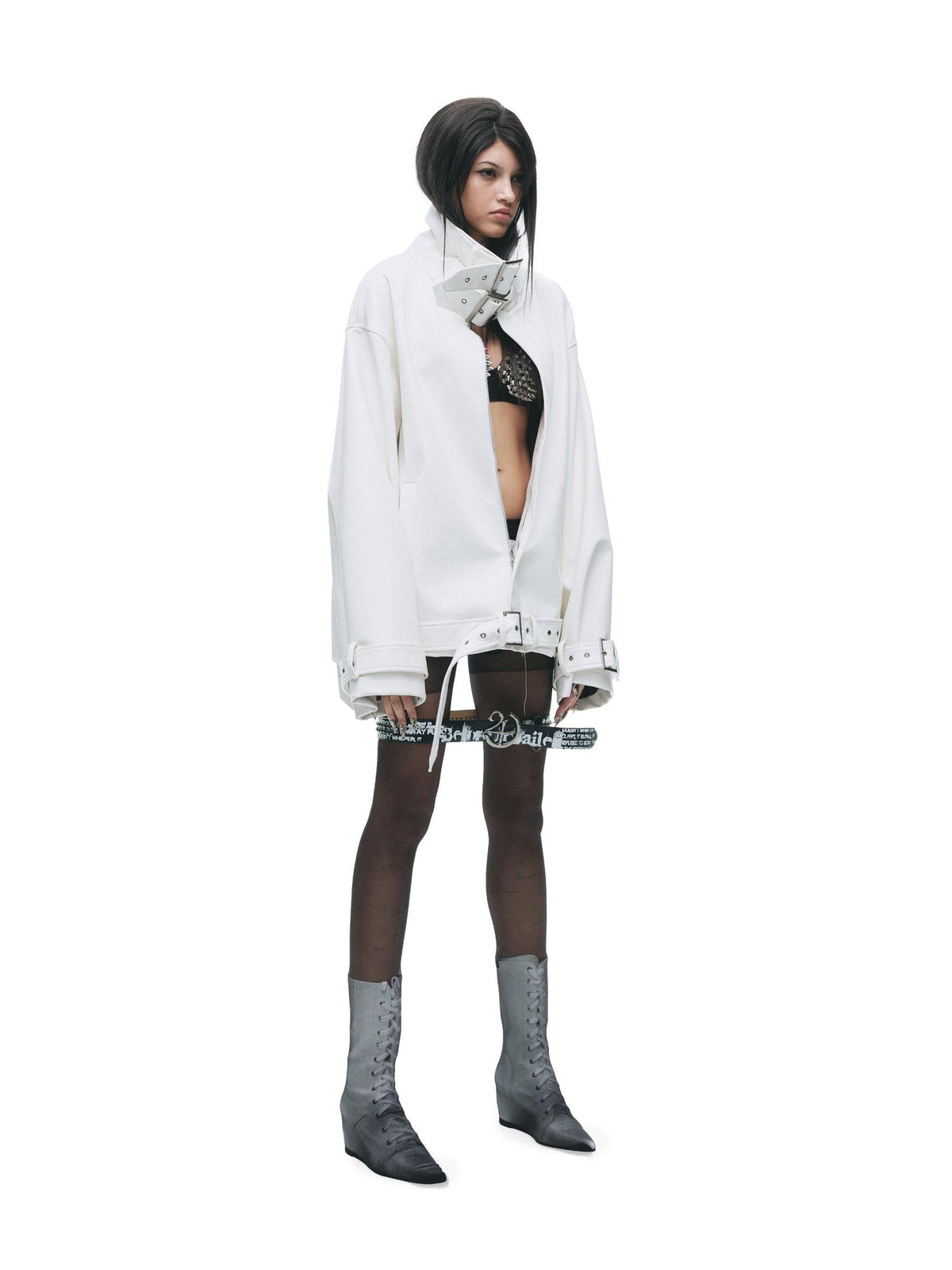 24ans Punk Stand Collar Adjustable Buckle Hidden Zip Women&