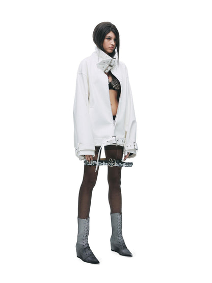 24ans Punk Stand Collar Adjustable Buckle Hidden Zip Women&