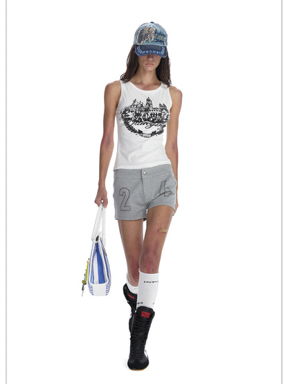 24ans Punk Stud Logo Embroidered Denim Shorts