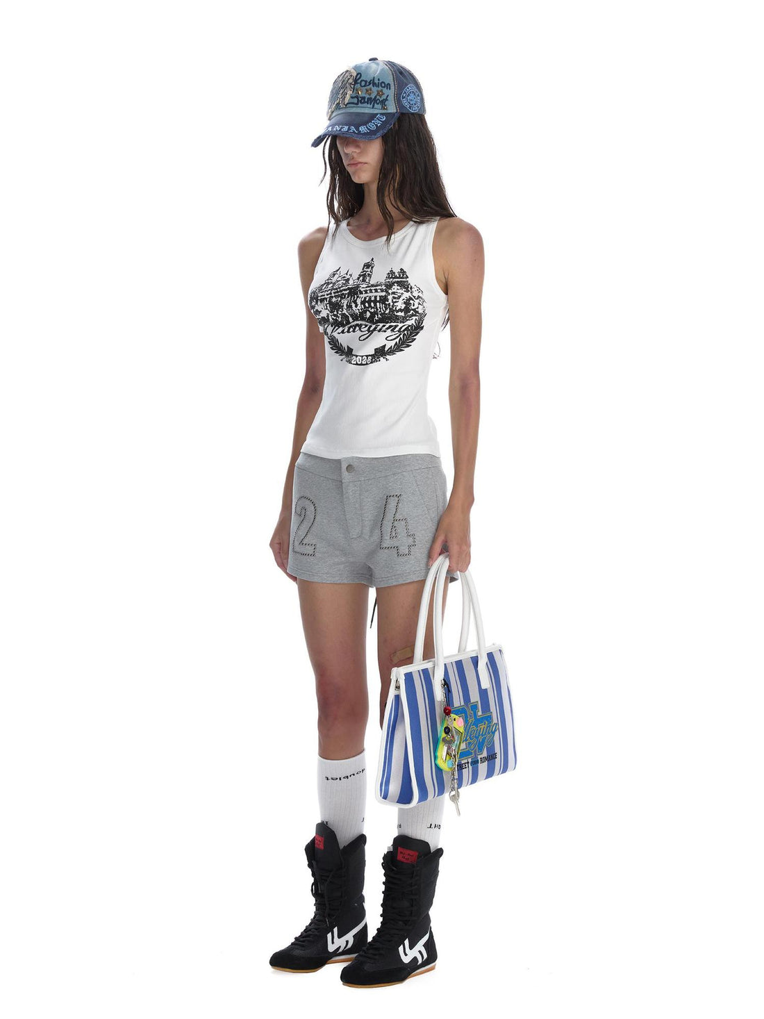 24ans Punk Stud Logo Embroidered Denim Shorts