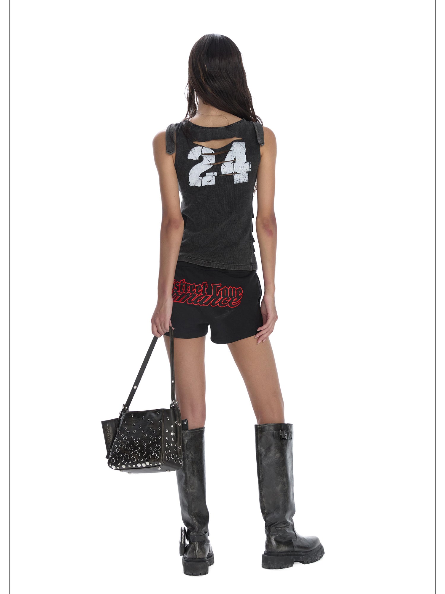24ans Punk Stud Logo Embroidered Denim Shorts