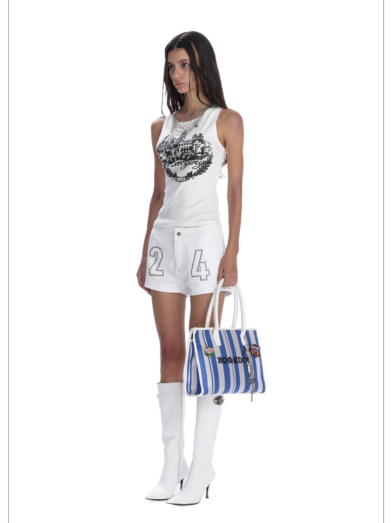 24ans Punk Stud Logo Embroidered Denim Shorts