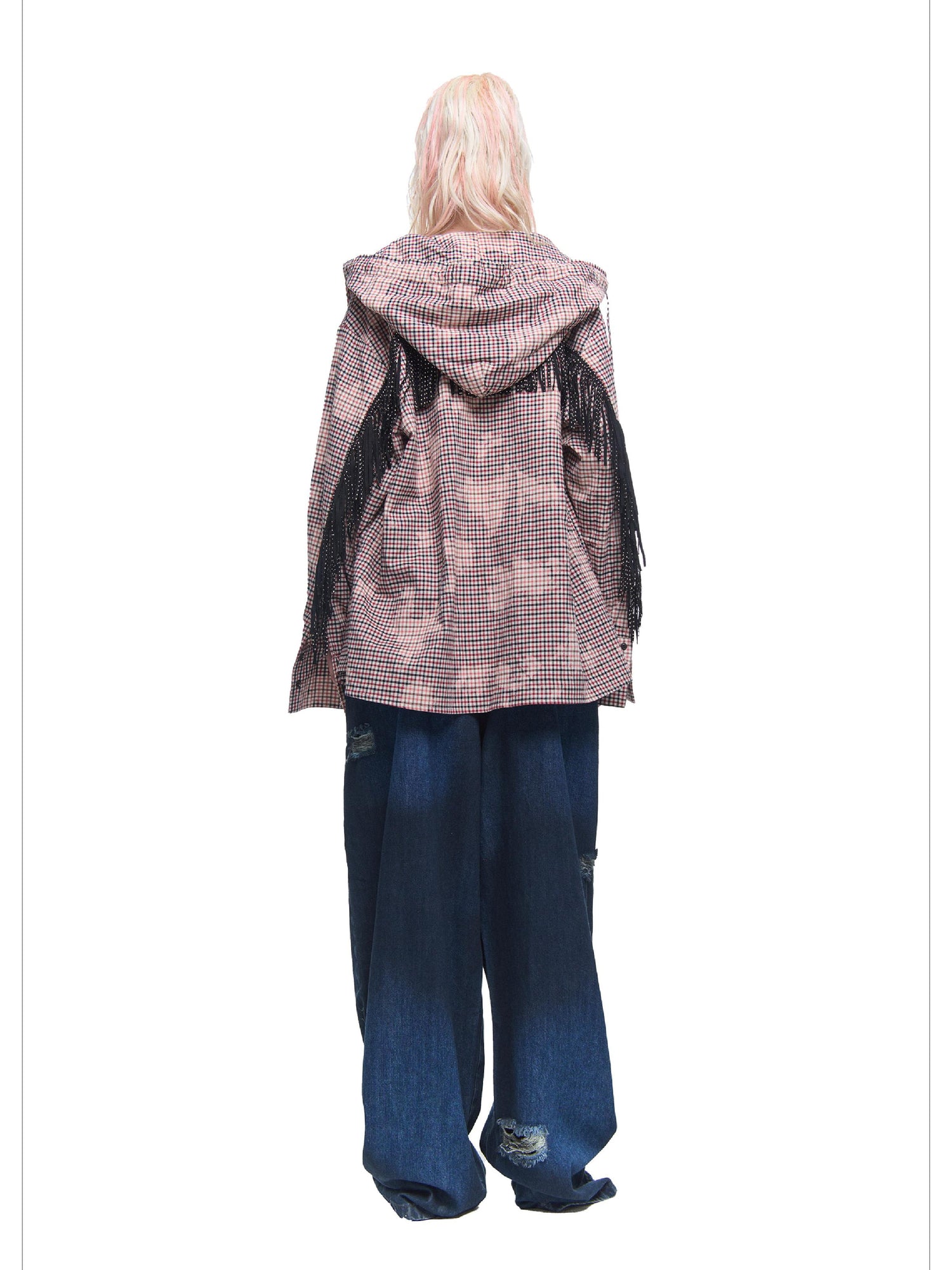 24ans Pure Cotton Fringe Hooded Plaid Shirt Spring Unisex