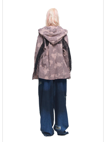 24ans Pure Cotton Fringe Hooded Plaid Shirt Spring Unisex