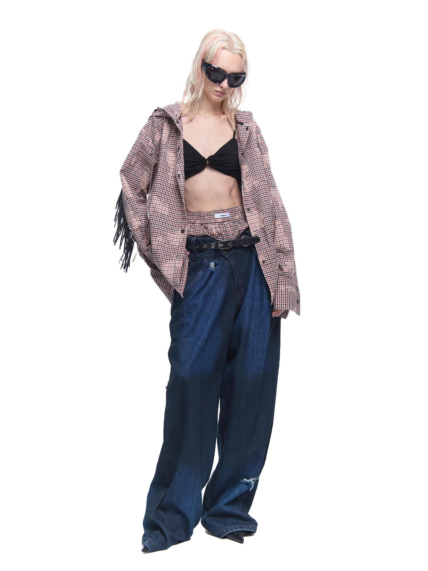 24ans Pure Cotton Fringe Hooded Plaid Shirt Spring Unisex