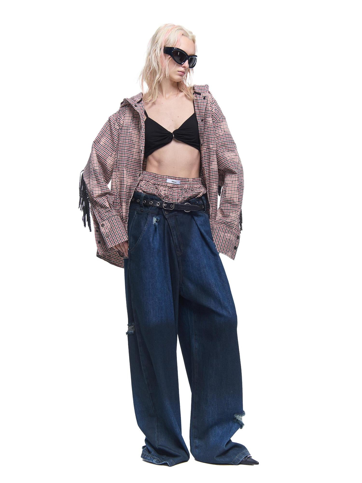 24ans Pure Cotton Fringe Hooded Plaid Shirt Spring Unisex