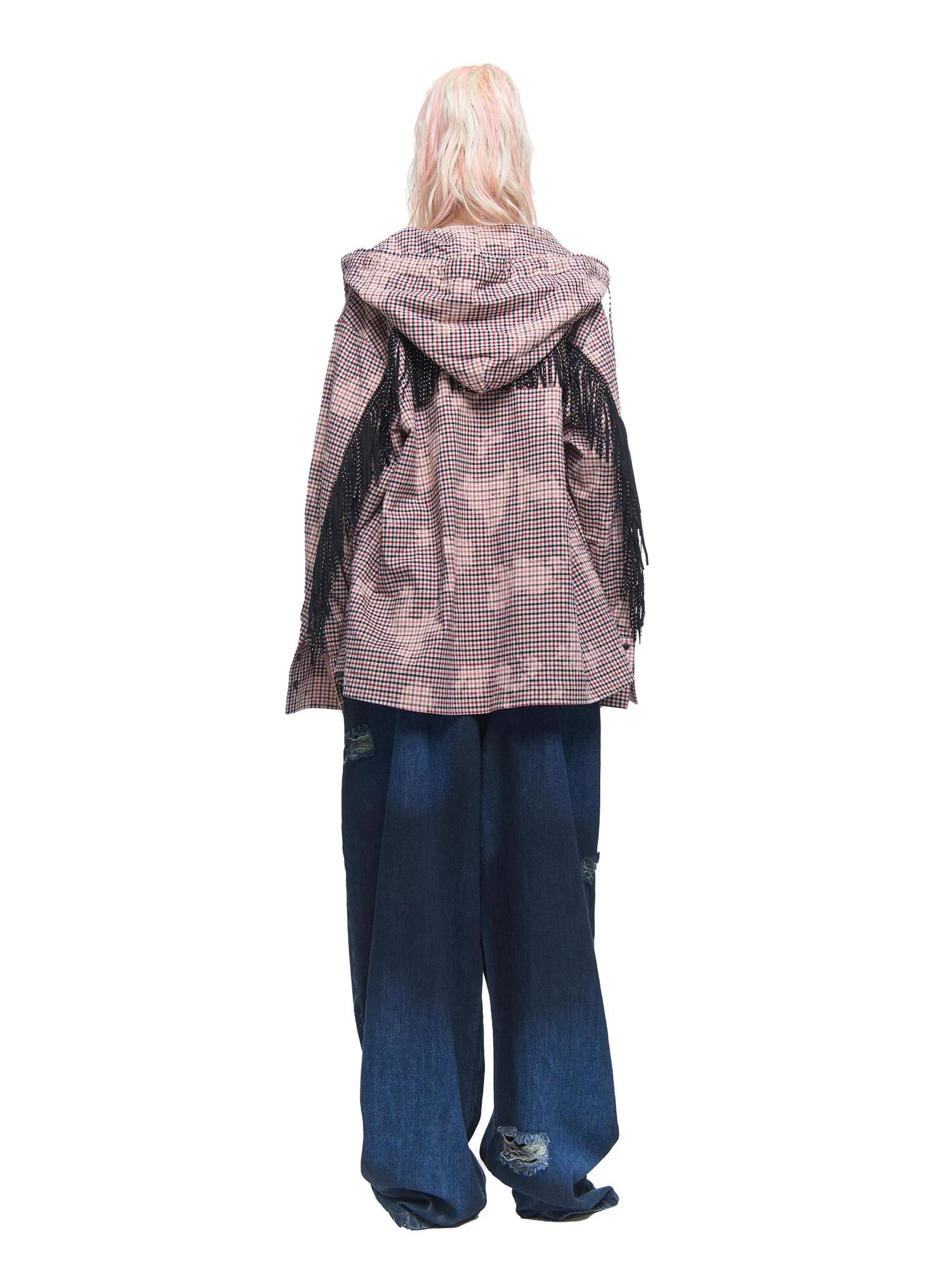 24ans Pure Cotton Fringe Hooded Plaid Shirt Spring Unisex