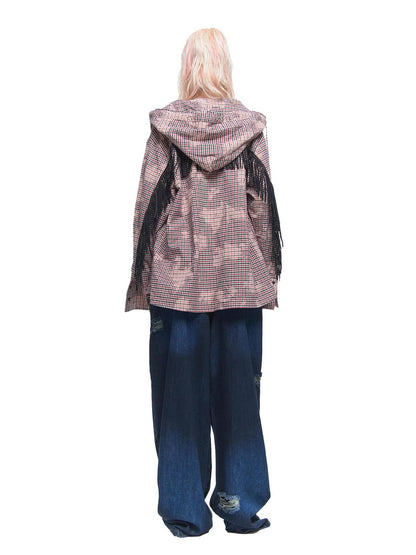 24ans Pure Cotton Fringe Hooded Plaid Shirt Spring Unisex