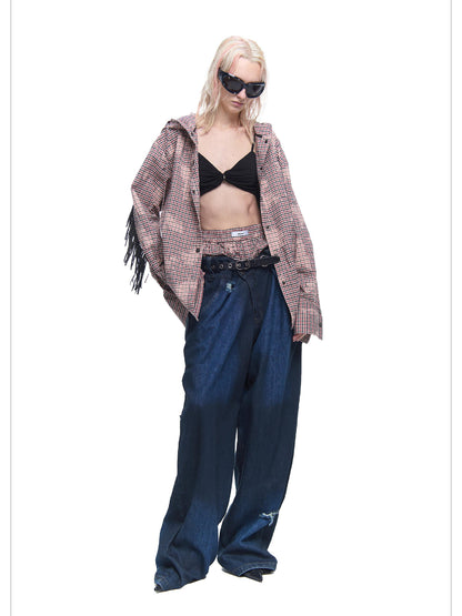 24ans Pure Cotton Fringe Hooded Plaid Shirt Spring Unisex