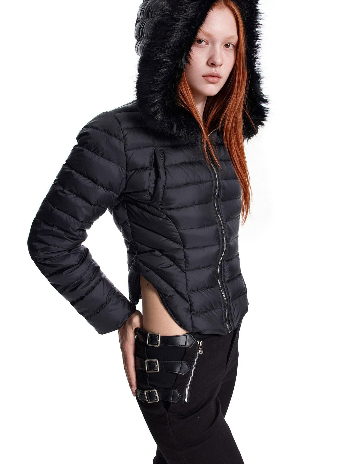 24ans Quilted Detachable Hood Slim Fit Women&