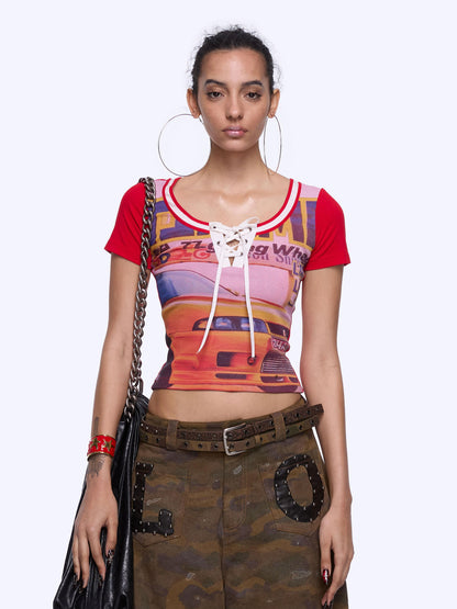 Retro Racing Graphic Print Contrast Panel Short Sleeve Tee