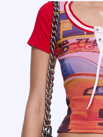 Retro Racing Graphic Print Contrast Panel Short Sleeve Tee