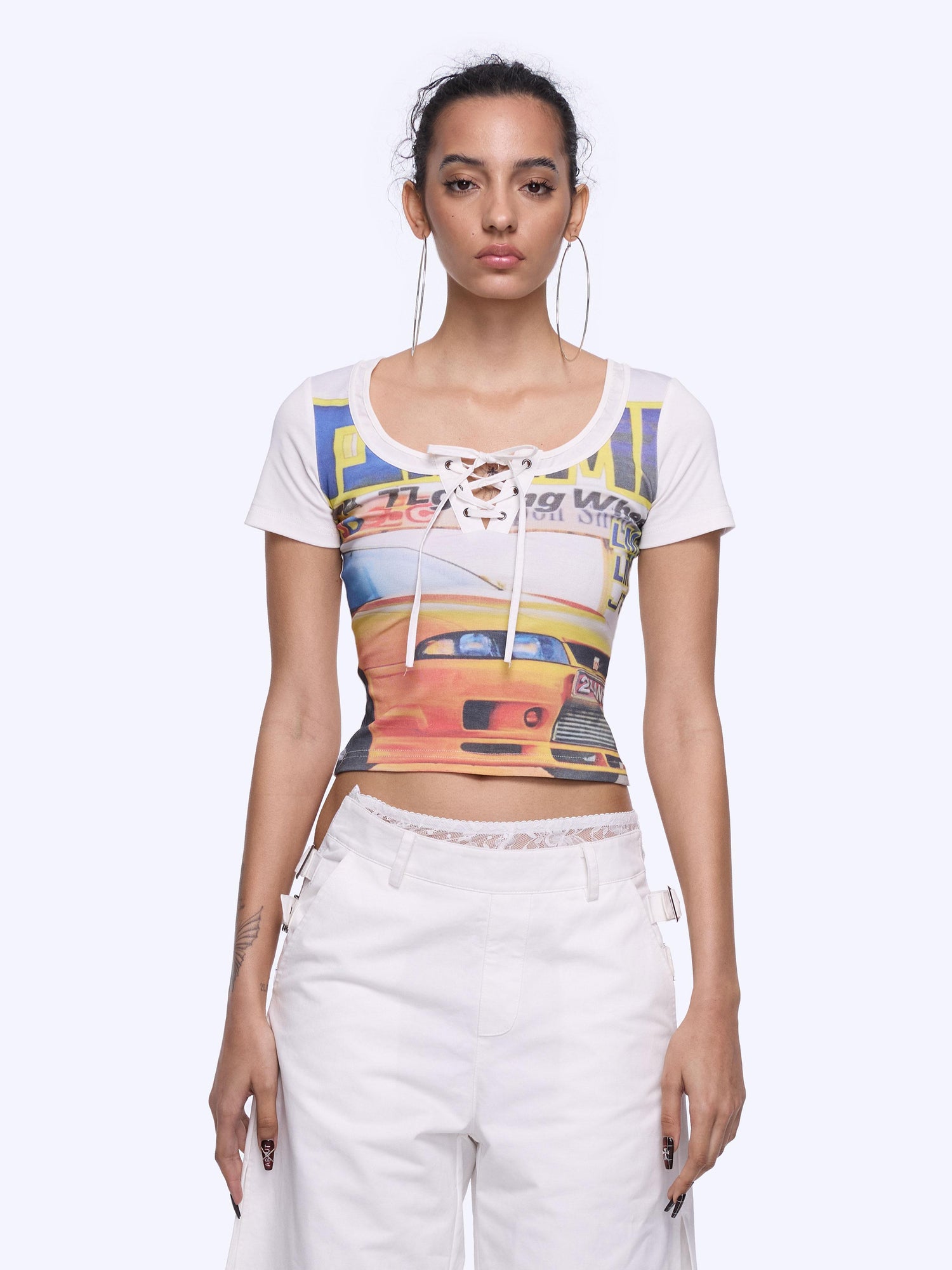 Retro Racing Graphic Print Contrast Panel Short Sleeve Tee