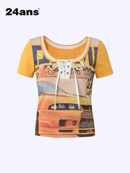 Retro Racing Graphic Print Contrast Panel Short Sleeve Tee