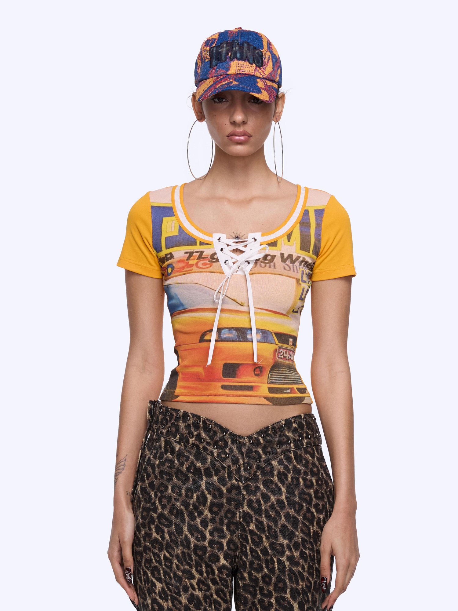 Retro Racing Graphic Print Contrast Panel Short Sleeve Tee
