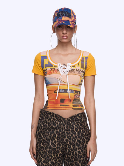 Retro Racing Graphic Print Contrast Panel Short Sleeve Tee