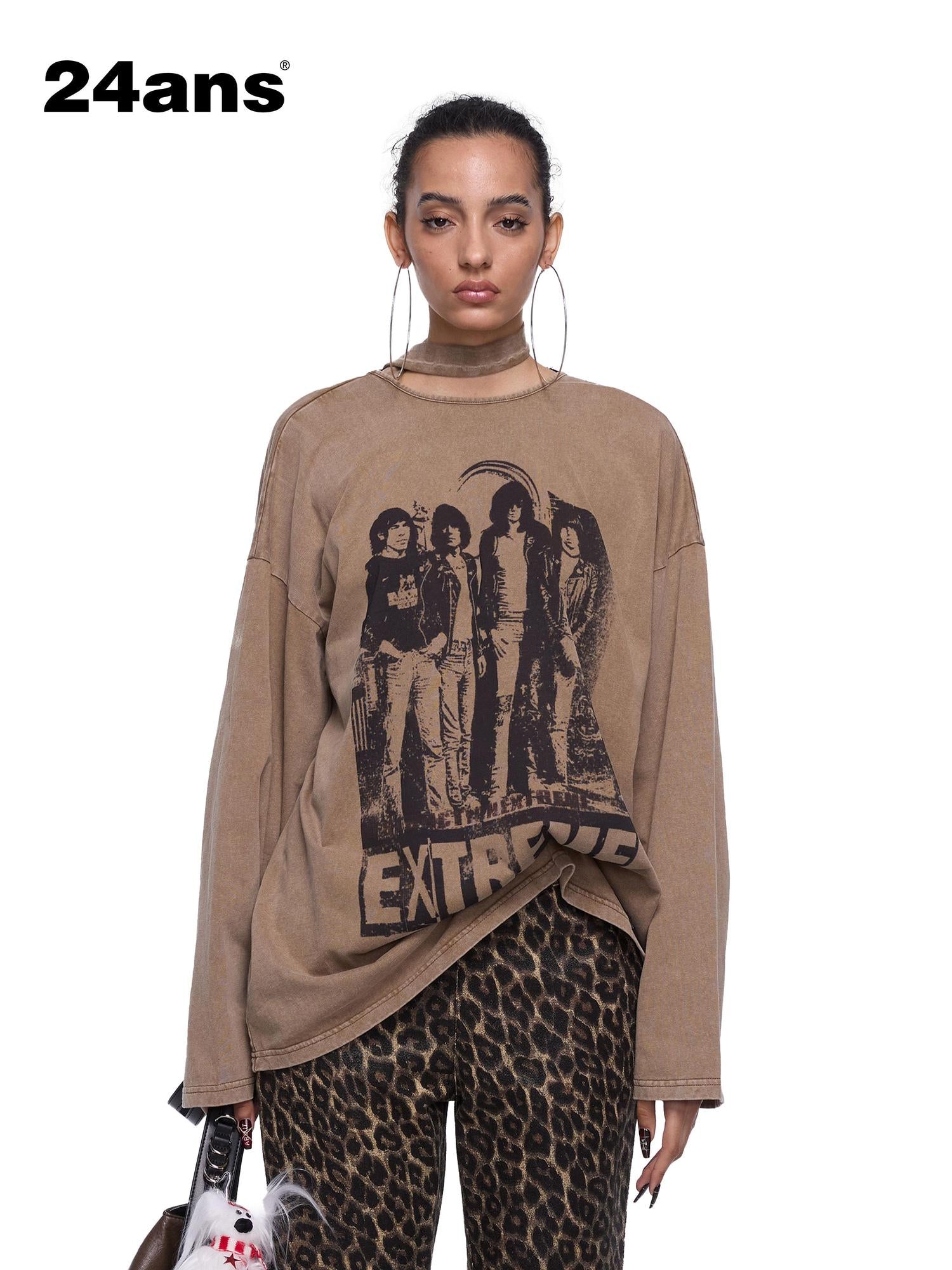 24ans Ribbon Washed Portrait Print Backless Long Sleeve T-Shirt