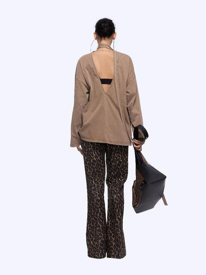 24ans Ribbon Washed Portrait Print Backless Long Sleeve T-Shirt