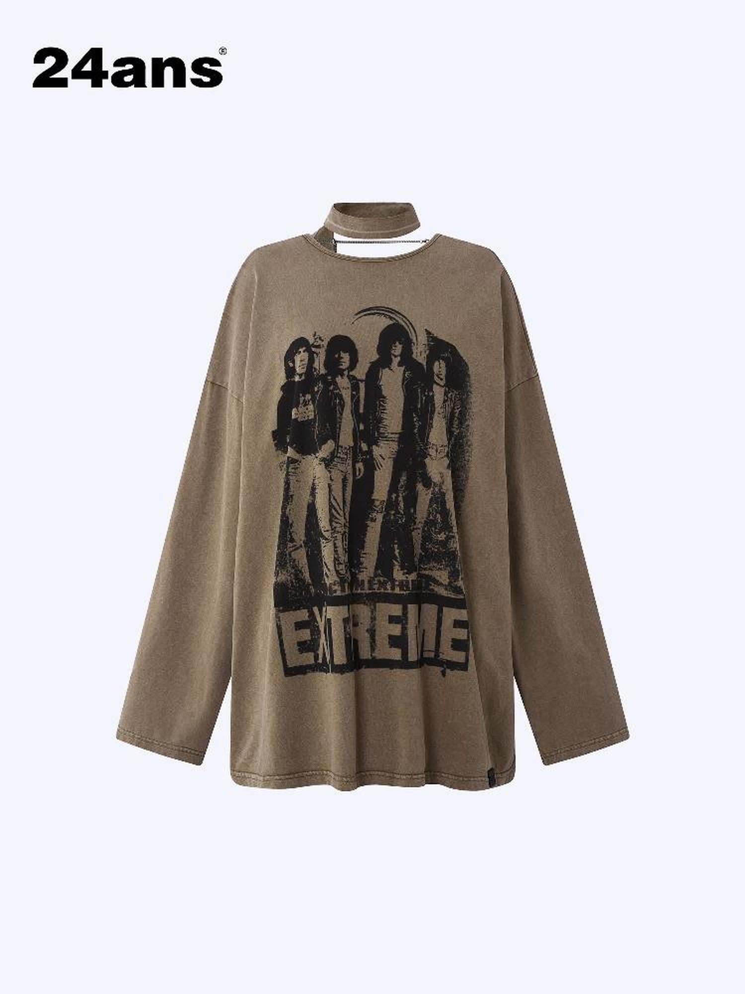 24ans Ribbon Washed Portrait Print Backless Long Sleeve T-Shirt