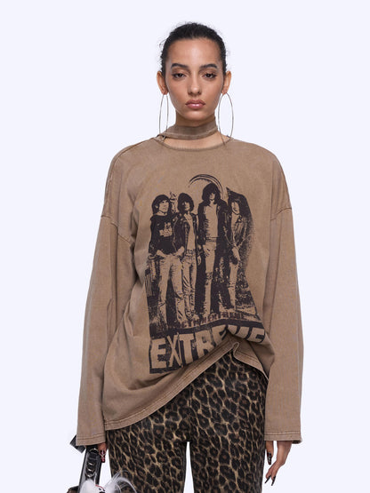 24ans Ribbon Washed Portrait Print Backless Long Sleeve T-Shirt