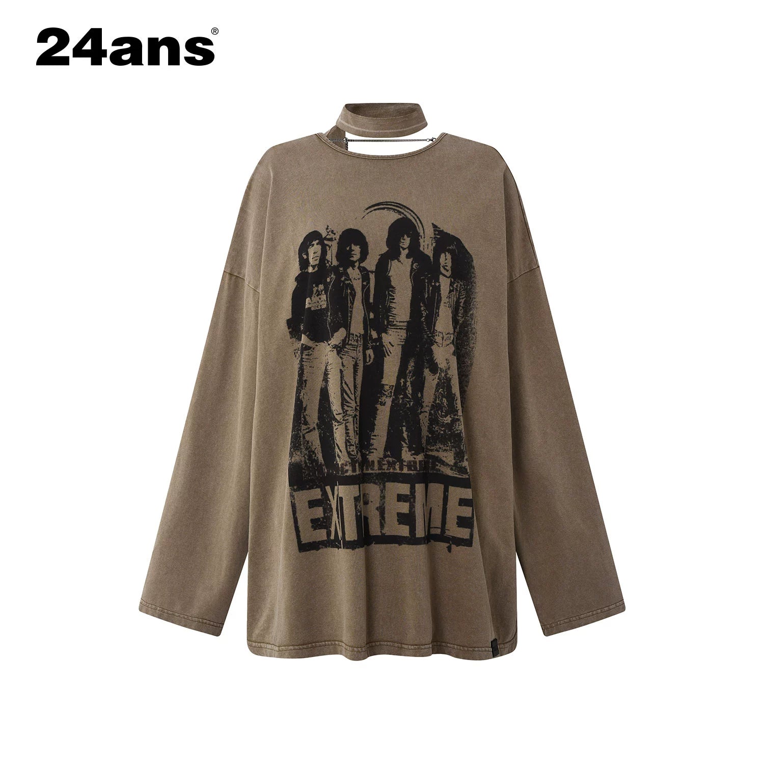 24ans Ribbon Washed Portrait Print Backless Long Sleeve T-Shirt MISSTT