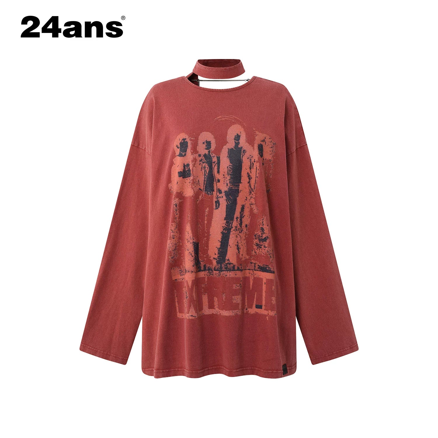 24ans Ribbon Washed Portrait Print Backless Long Sleeve T-Shirt MISSTT
