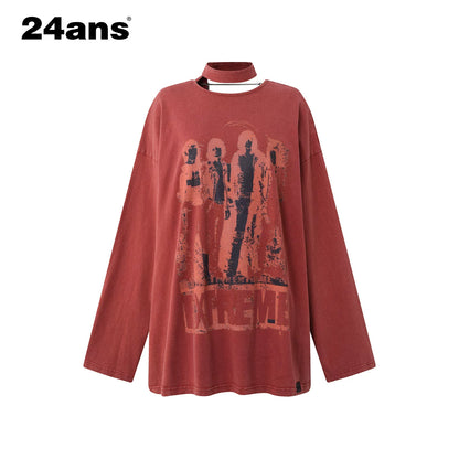 24ans Ribbon Washed Portrait Print Backless Long Sleeve T-Shirt MISSTT