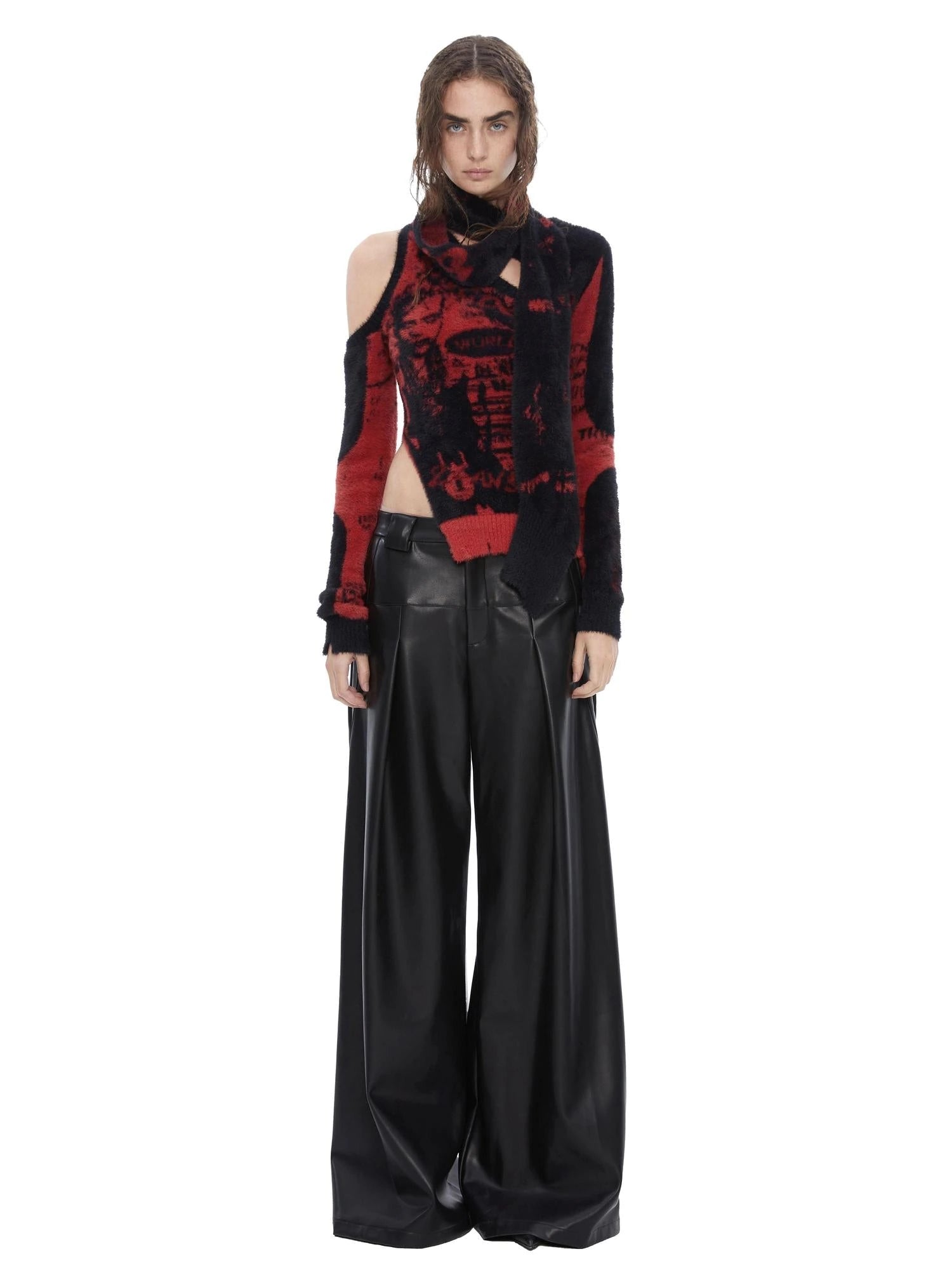Scarf Cut Knit Sweater Black Red White Brown
