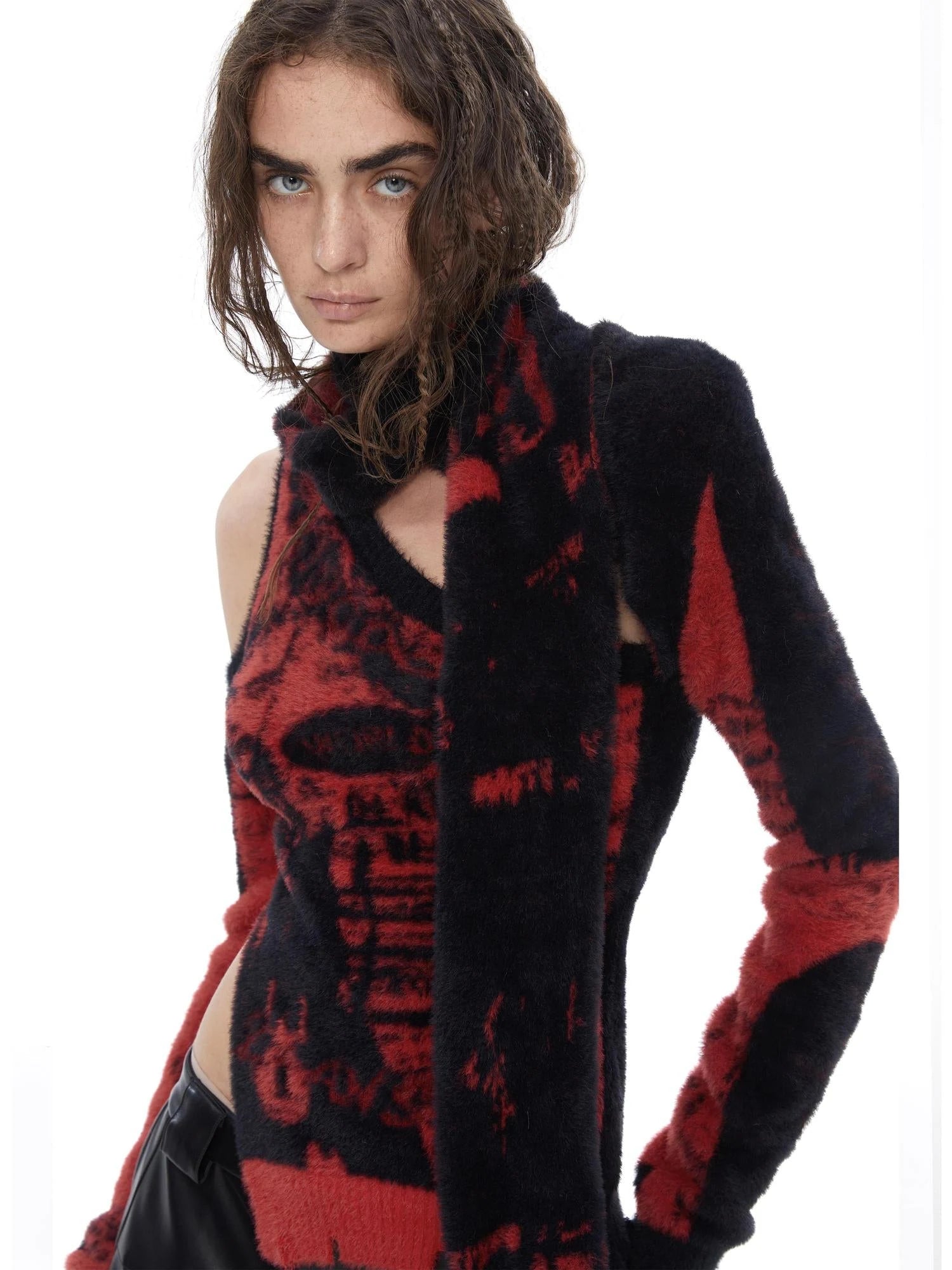 Scarf Cut Knit Sweater Black Red White Brown