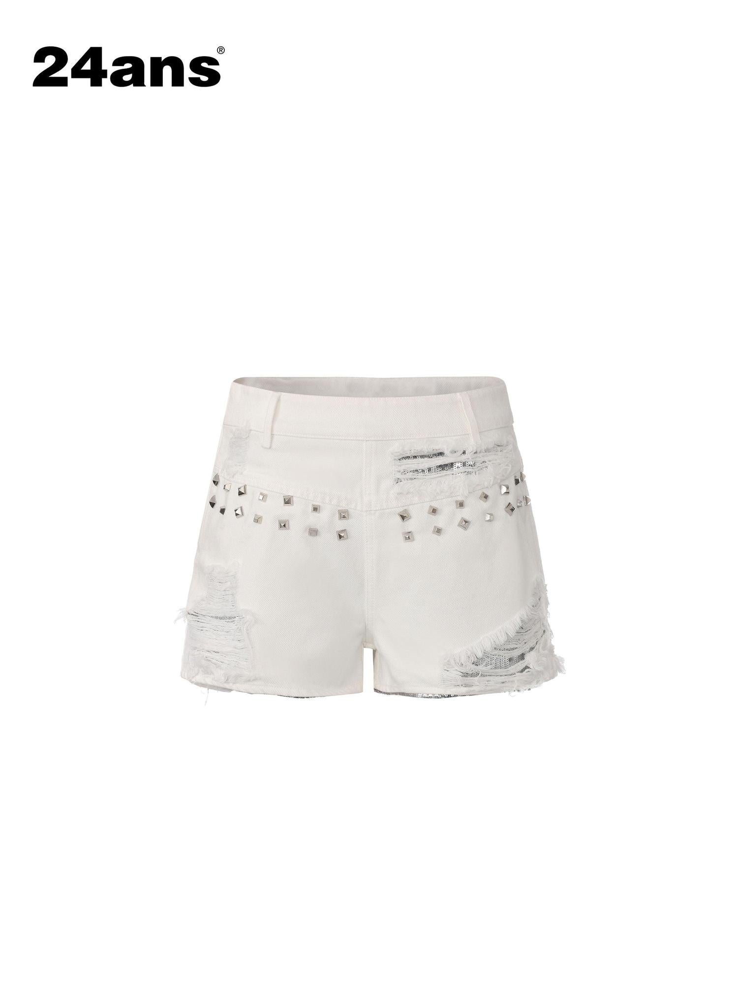 24ans Sequin Studded Natural Waist Zip Fly Cotton Women Blue Denim Shorts