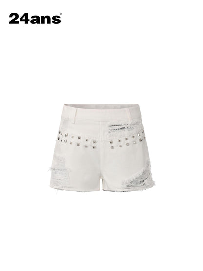 24ans Sequin Studded Natural Waist Zip Fly Cotton Women Blue Denim Shorts