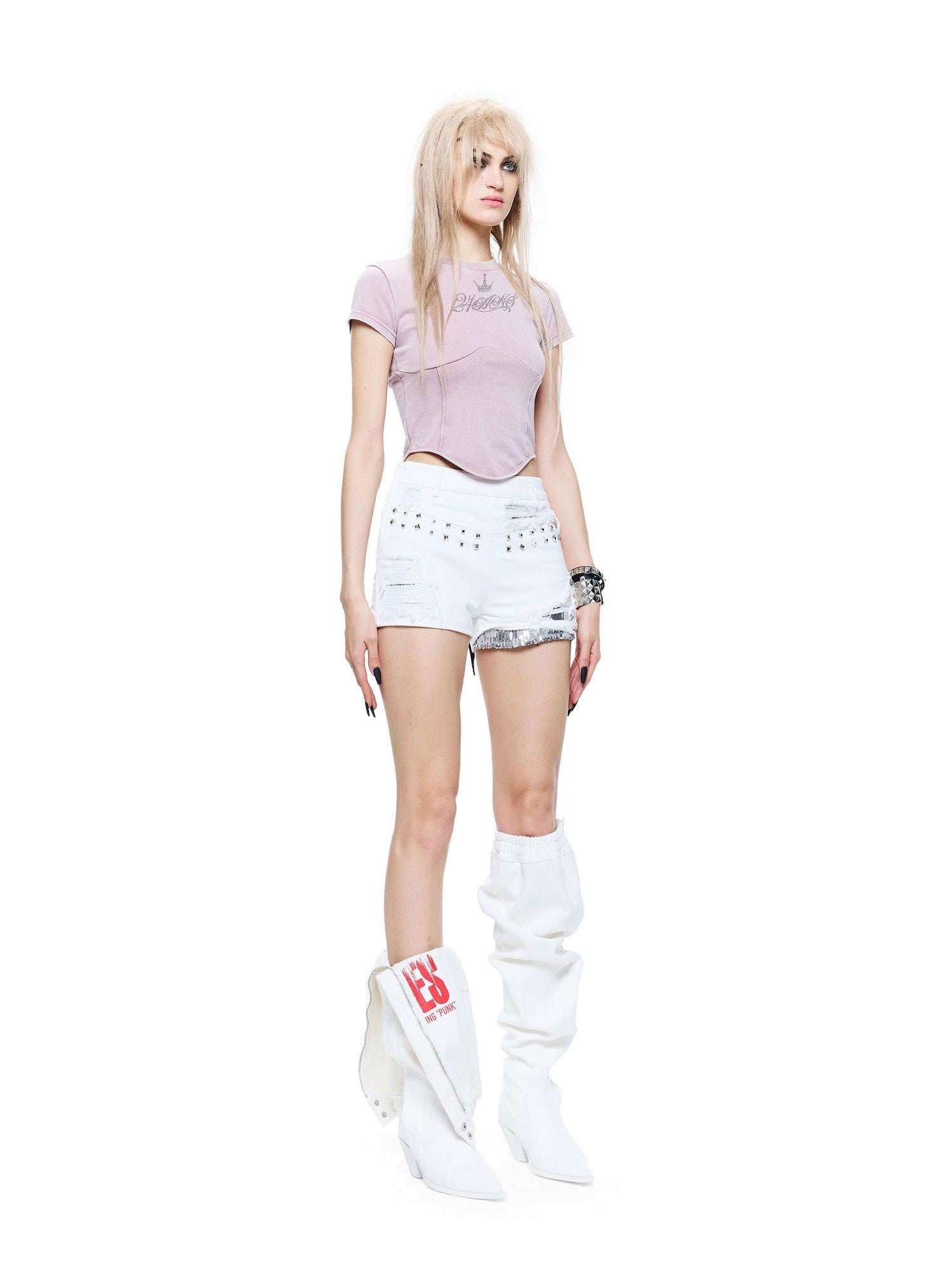 24ans Sequin Studded Natural Waist Zip Fly Cotton Women Blue Denim Shorts