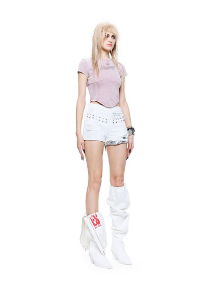 24ans Sequin Studded Natural Waist Zip Fly Cotton Women Blue Denim Shorts
