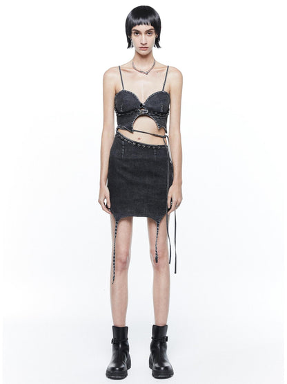 24ans Sexy Cotton Gray Denim Two Piece Young Women Slim Fit Mini Skirt