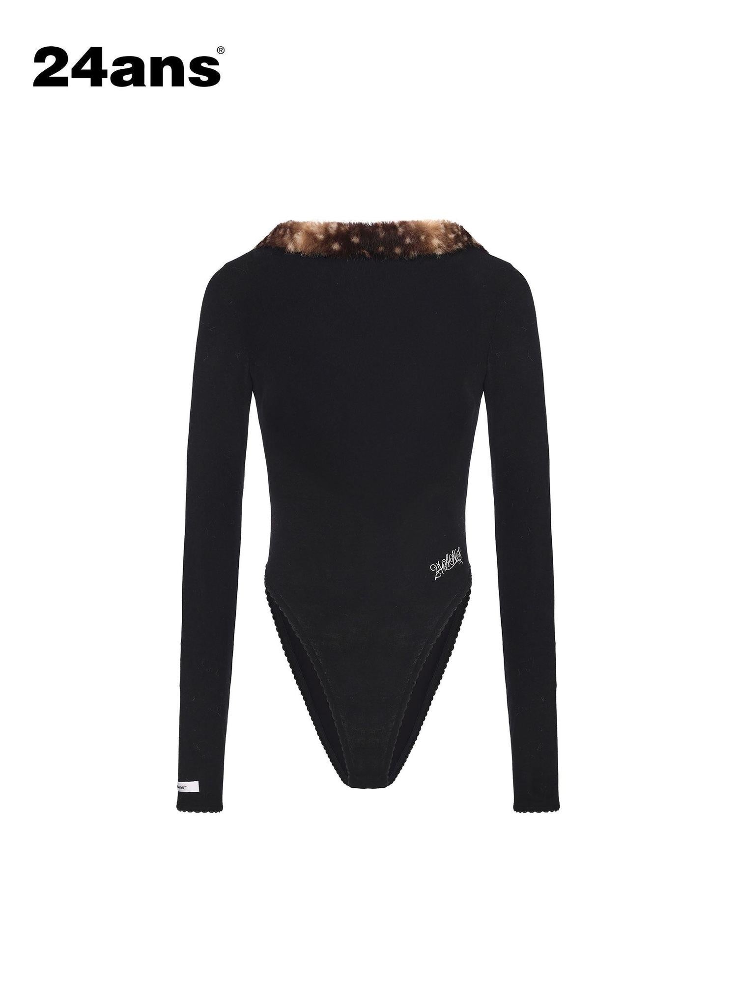 24ans Sexy Slim Fit Panel Lyocell Wool Stretch Long Sleeve Women Black T-Shirt