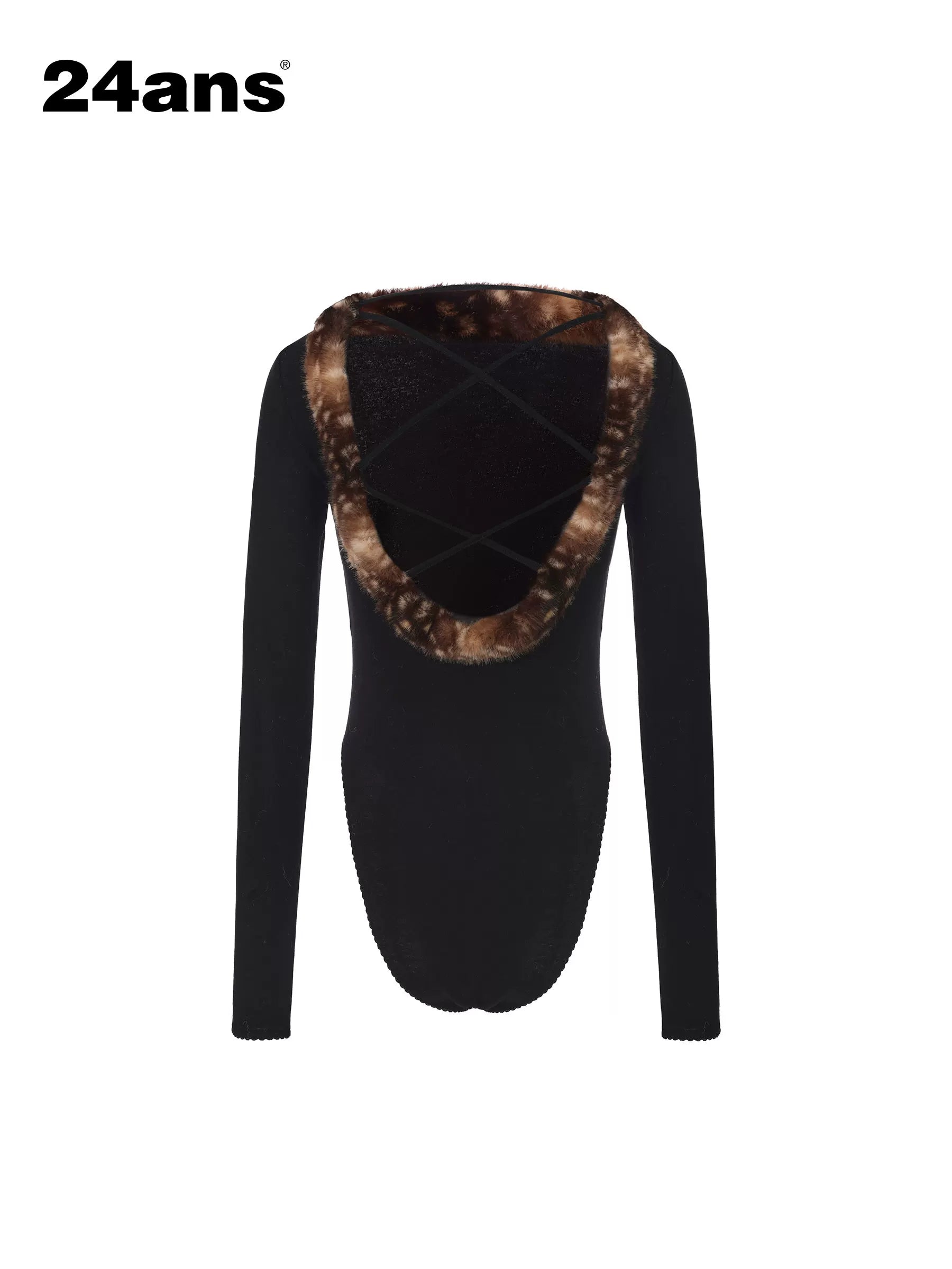 24ans Sexy Slim Fit Panel Lyocell Wool Stretch Long Sleeve Women Black T-Shirt-2
