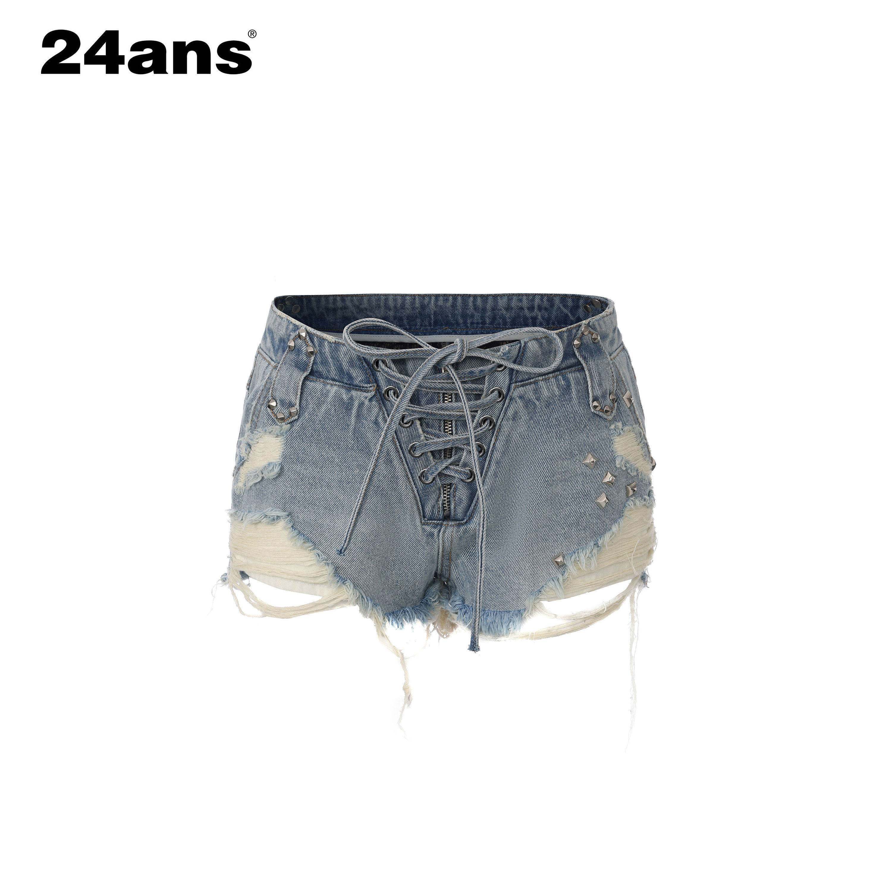24ans Slight Stretch Cotton Tie Waist Regular Fit Women Dark Light Blue Denim Shorts