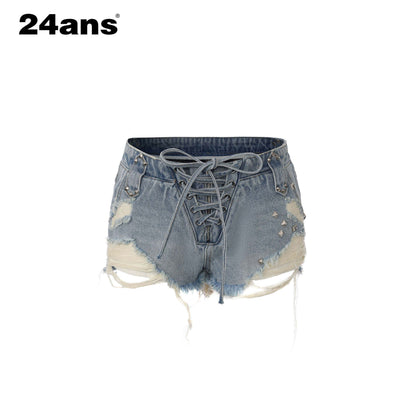 24ans Slight Stretch Cotton Tie Waist Regular Fit Women Dark Light Blue Denim Shorts