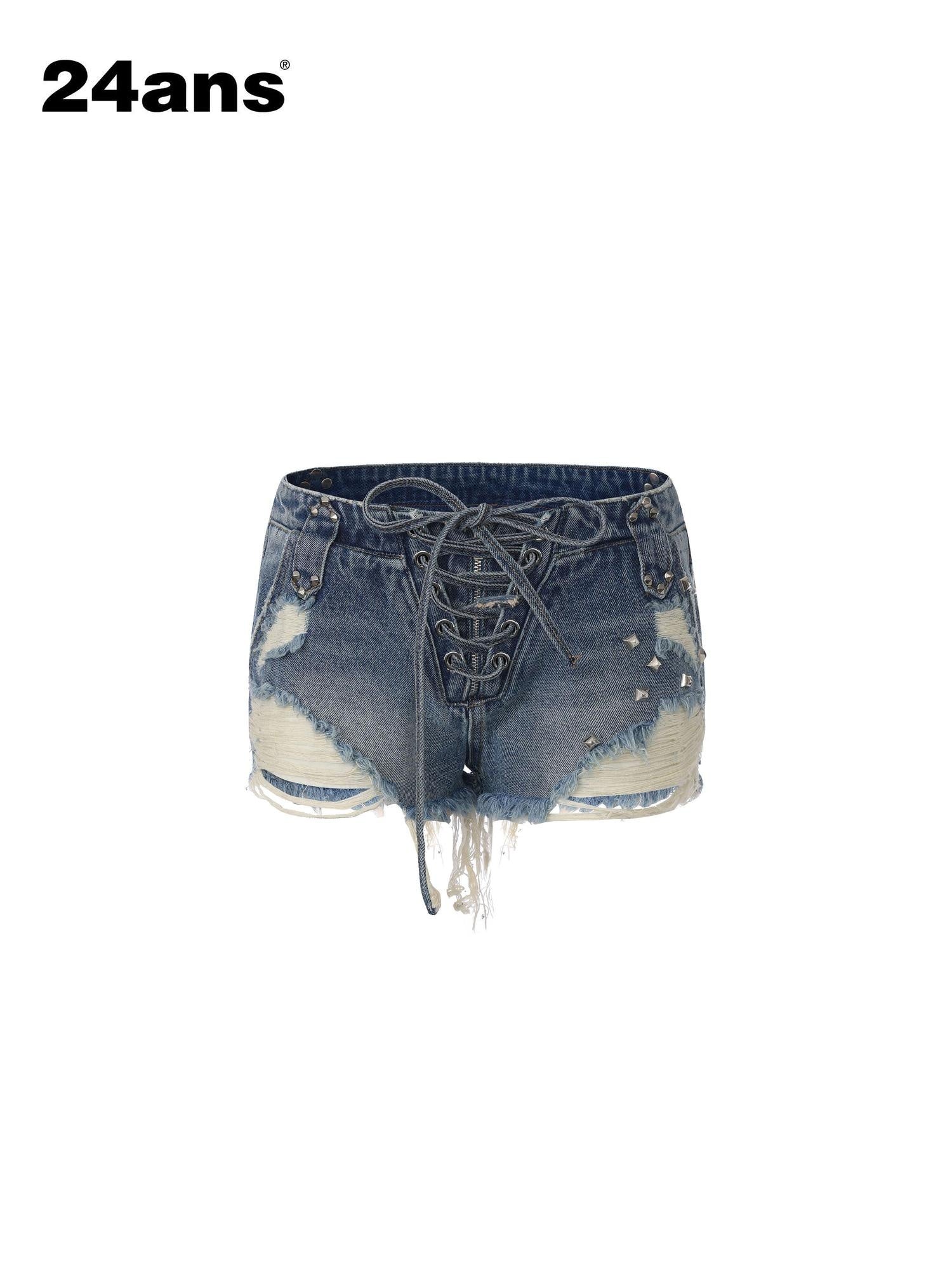 24ans Slight Stretch Cotton Tie Waist Regular Fit Women Dark Light Blue Denim Shorts
