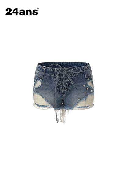 24ans Slight Stretch Cotton Tie Waist Regular Fit Women Dark Light Blue Denim Shorts