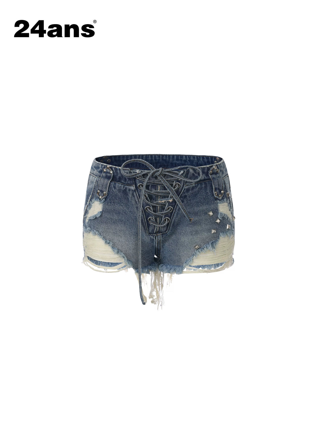 24ans Slight Stretch Cotton Tie Waist Regular Fit Women Dark Light Blue Denim Shorts-1