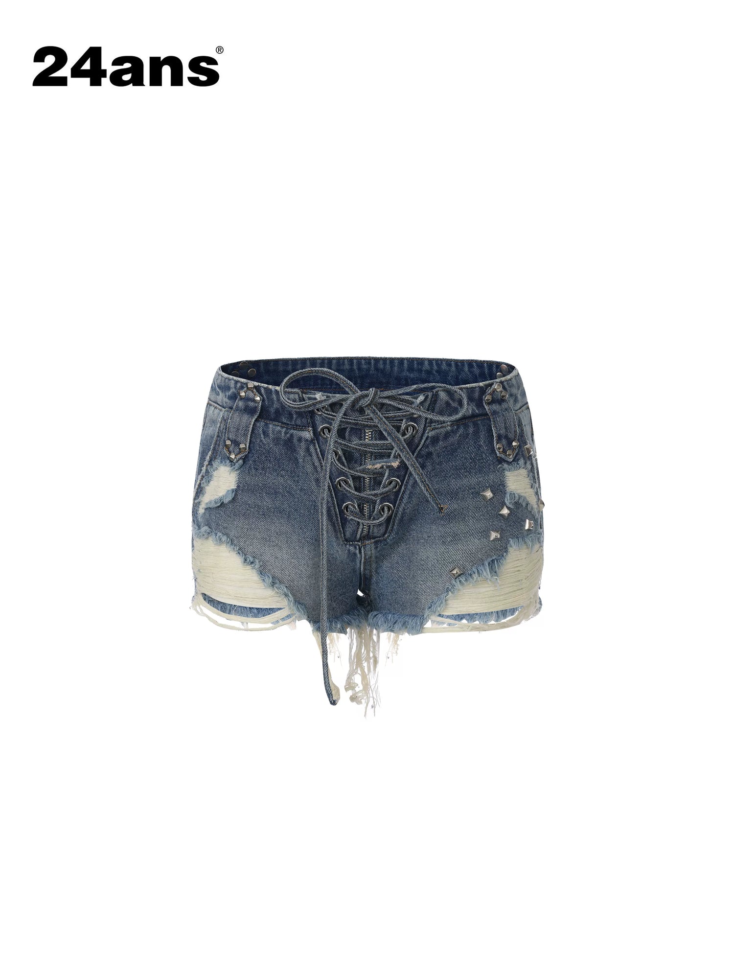 24ans Slight Stretch Cotton Tie Waist Regular Fit Women Dark Light Blue Denim Shorts-1