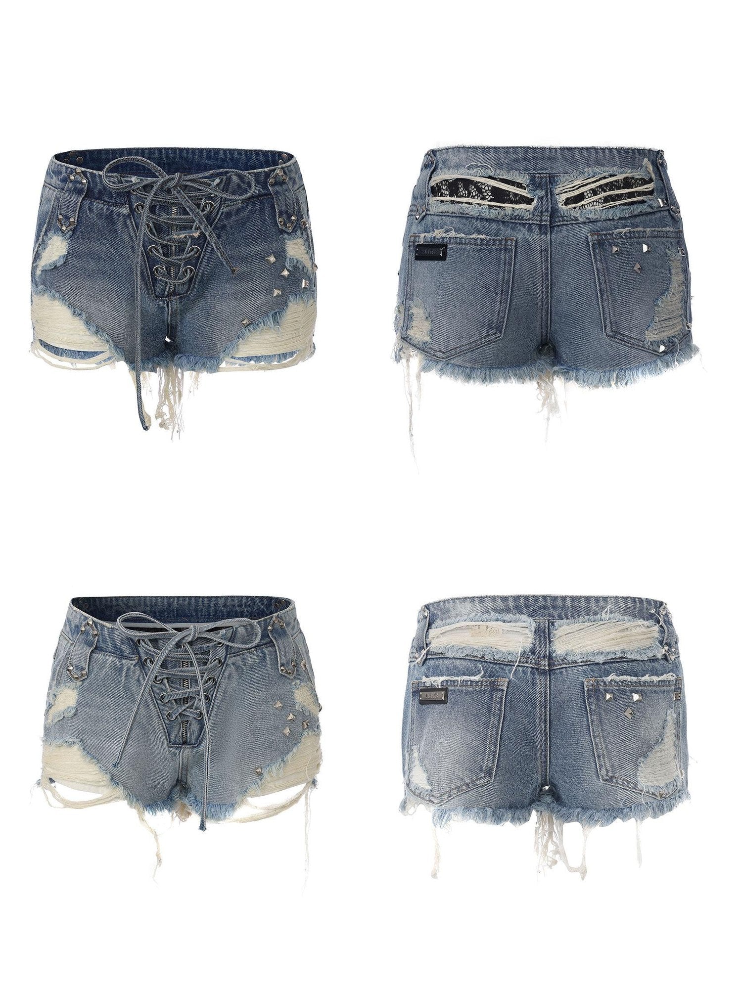 24ans Slight Stretch Cotton Tie Waist Regular Fit Women Dark Light Blue Denim Shorts