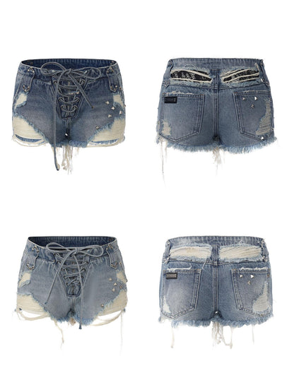 24ans Slight Stretch Cotton Tie Waist Regular Fit Women Dark Light Blue Denim Shorts