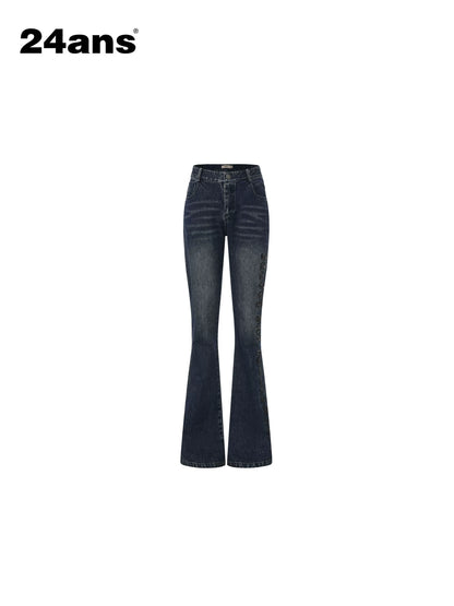 24ans Slight Stretch Embroidered Natural Waist Denim Button Fly Youth Blue Slim Jeans-1